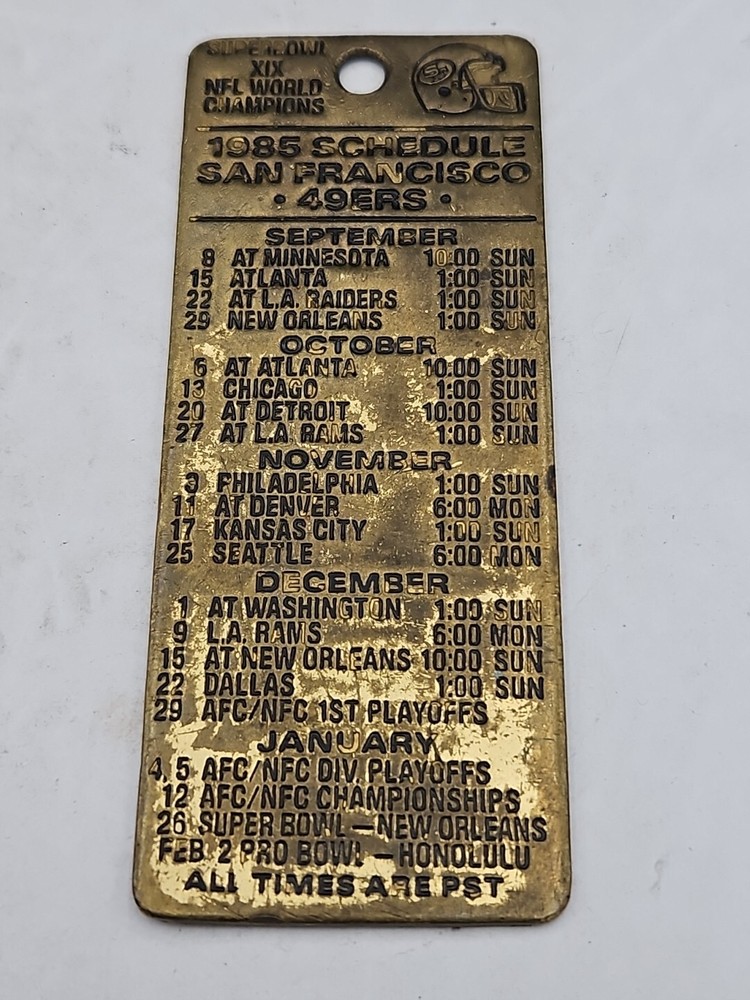 Vintage Brass Metal San Francisco 49ers 1985 Season Football Schedule