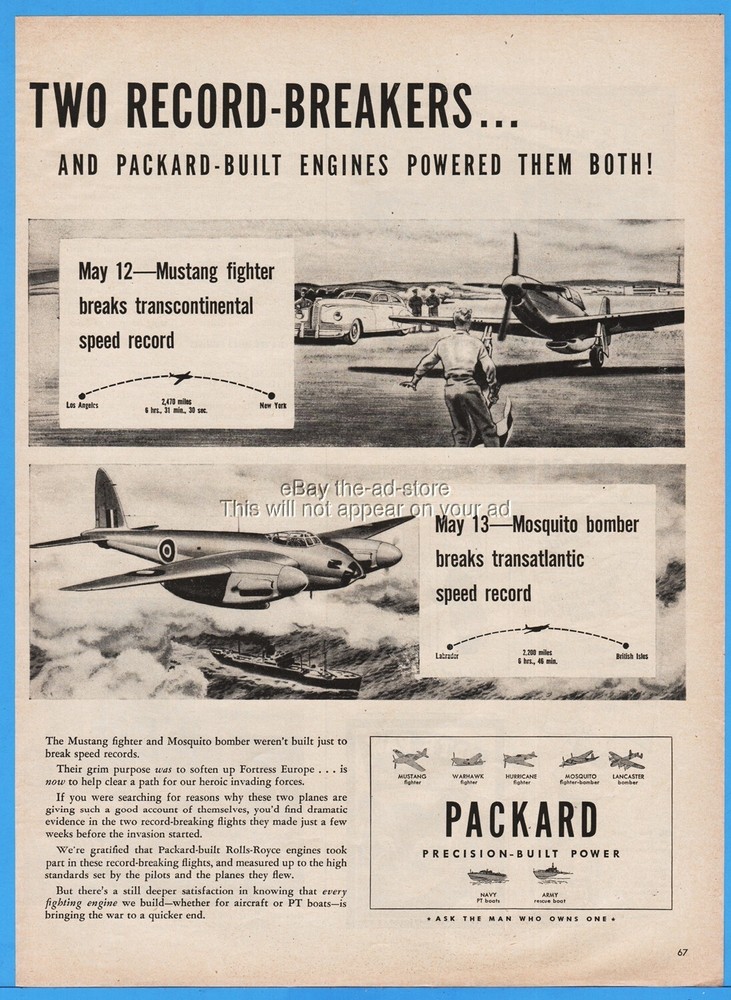 1944 Packard WWII P-51 Mustang Fighter RAF De Havilland Mosquito Bomber art Ad
