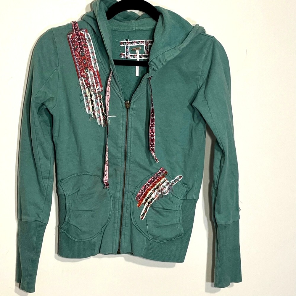 Free People Women Patchwork Zip Y2K Hoodie Small Art to Wear Grunge Retro Hippie