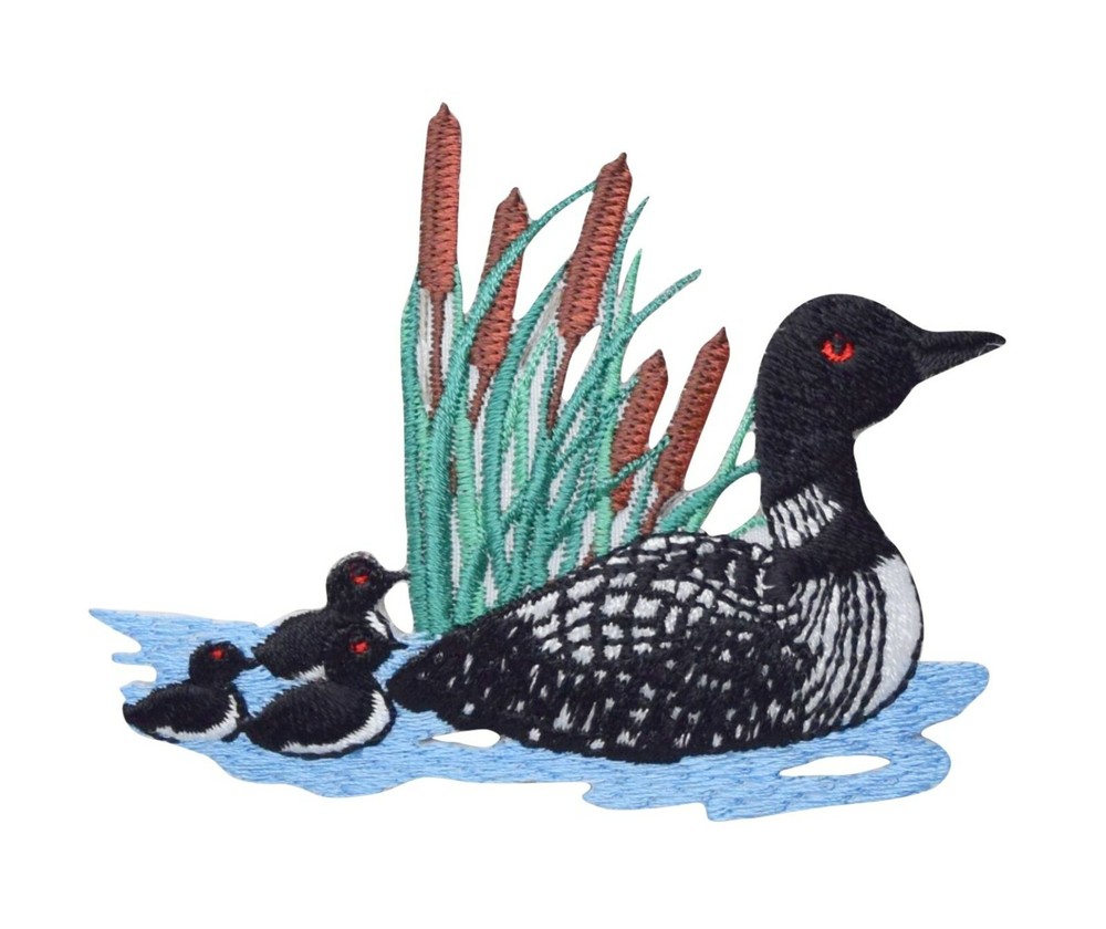 Divers Loon with Cattails and Chicks Birds Embroidered Iron On Patch