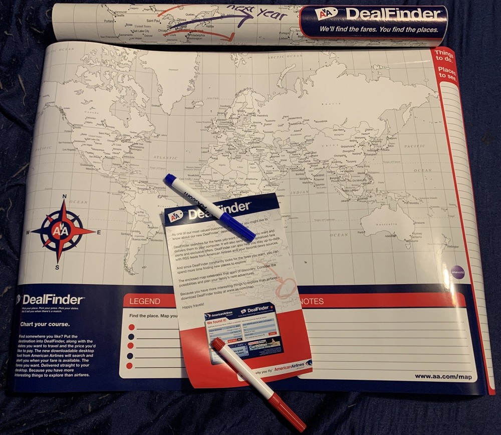 American Airlines Dealfinder Promotional Poster World Map w/ad and Markers NEW