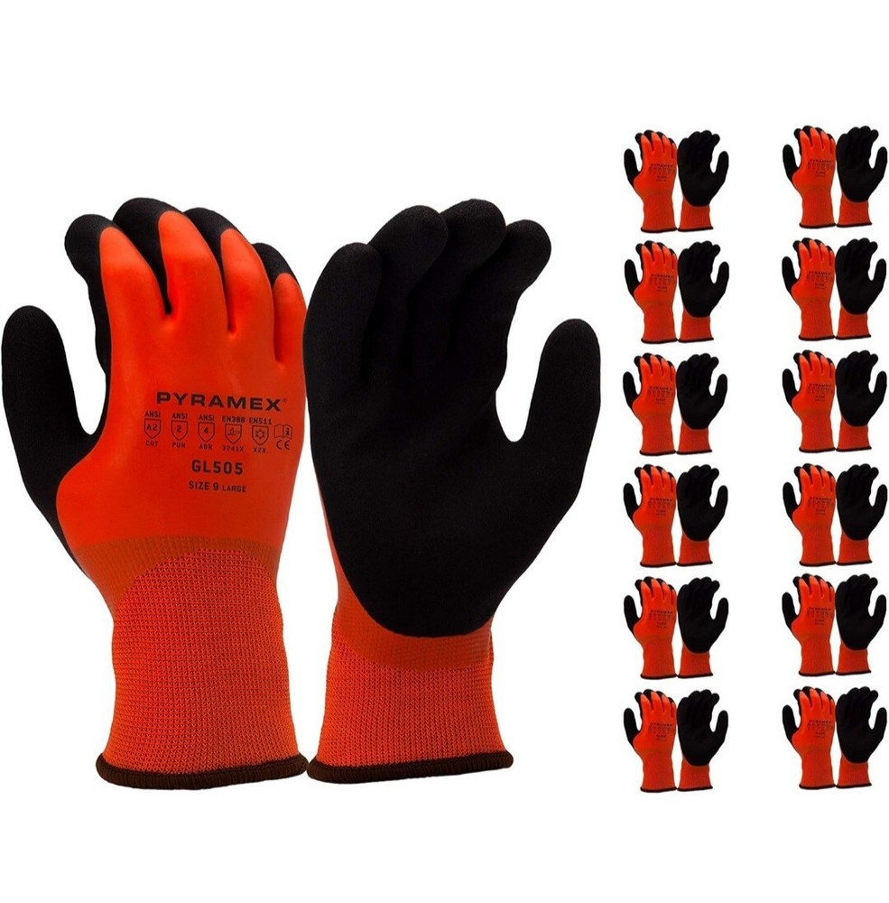 PYRAMEX GL505 Fleece-Lined Sandy Latex Work Gloves Large Orange Pack of 12