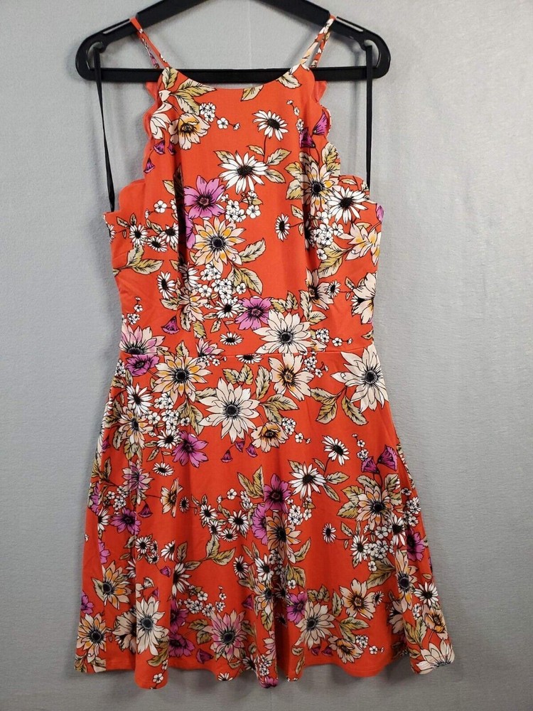 New The General Good Dress Womens Medium Orange Floral Print Scallop Ladies