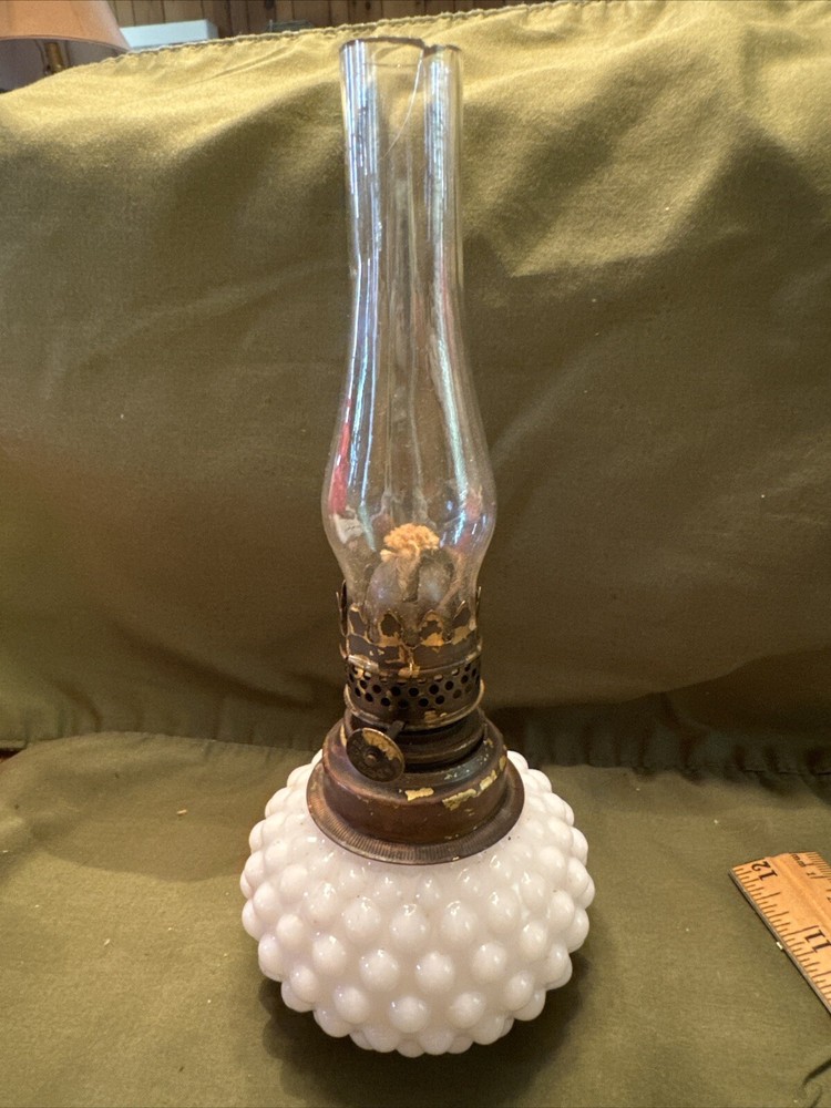 Vintage Mini Milk Glass Hobnail Oil Lamp with ABCO Nutmeg Burner-image