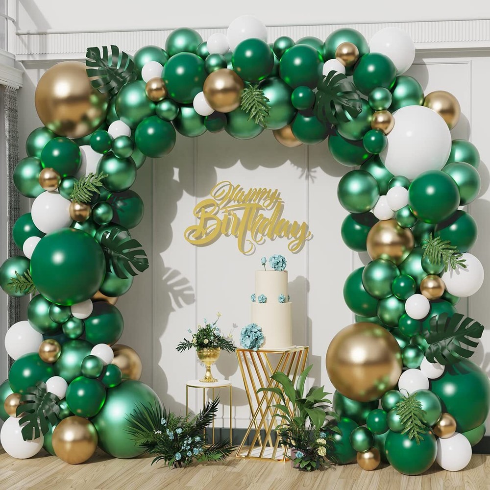 128Pcs Jungle Safari Balloon Garland Arch Kit Double Stuffed Emerald Green for Parties