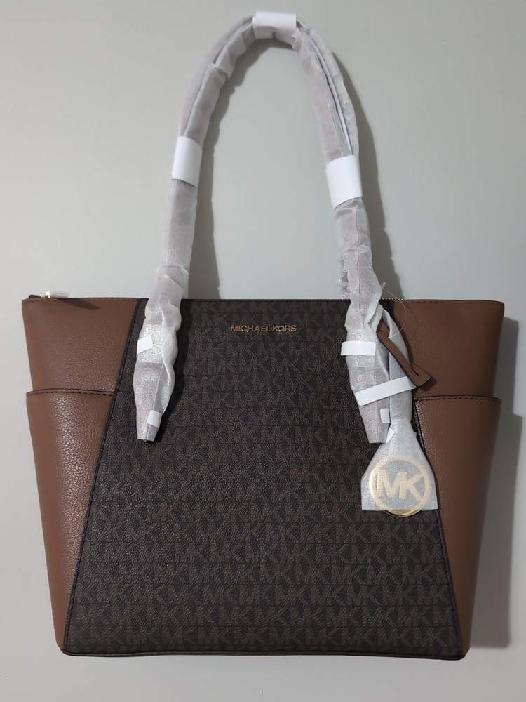 Michael Kors Brown Leather Charlotte Large Logo Top-Zip Tote Bag  