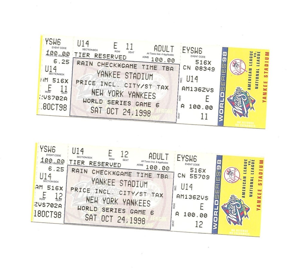 New York Yankees Phantom World Series Game 6 Tickets from 1998