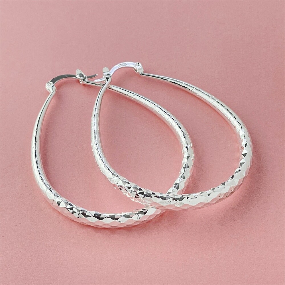 Women Fashion Jewelry 925 Silver Oval Hoop Huggie Earrings Size 4x6CM