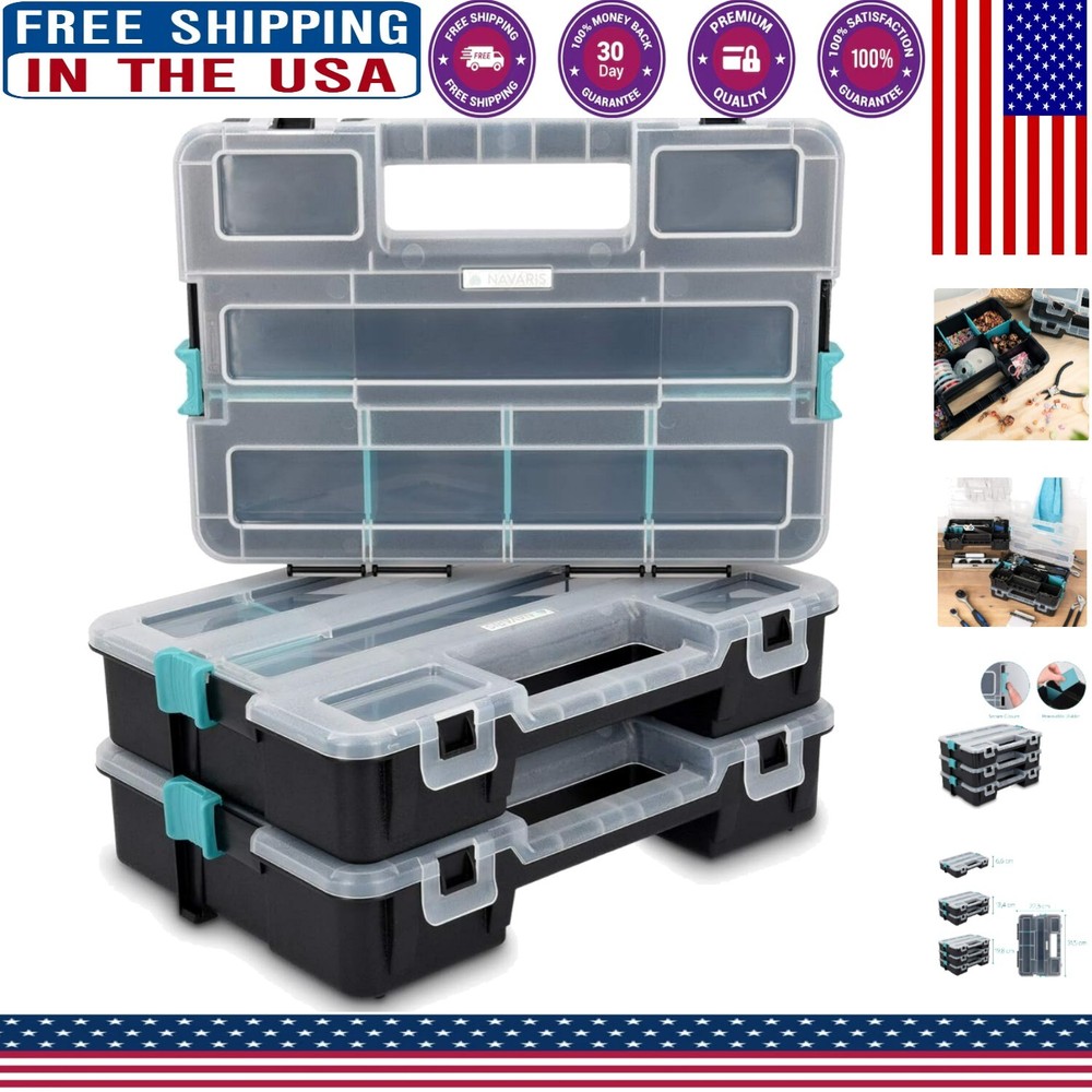 Stackable Black Plastic Organizer Case - 3 Premium Boxes for Tools & Accessories