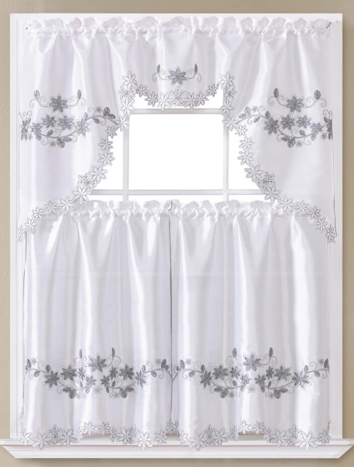 3PC SET WINDOW EMBROIDERY KITCHEN CURTAIN GREY (FLOWER) 🔥FREE SHIPPING 🔥