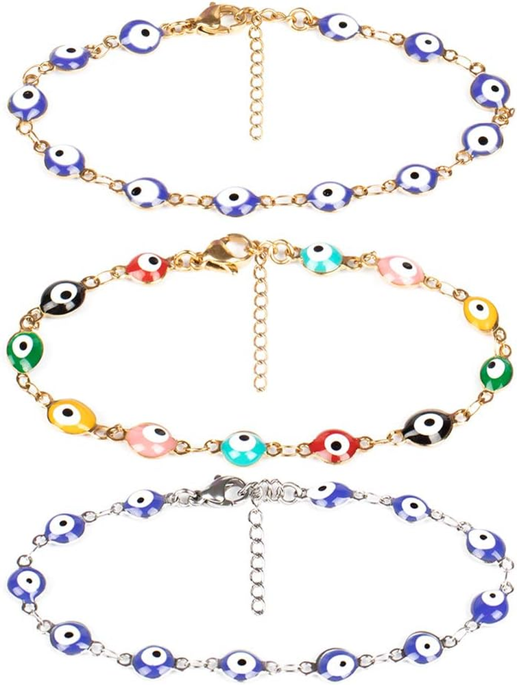 3 Pcs Evil Eye Bracelets for Women Men 18K Gold Plated Stainless Steel Handmade