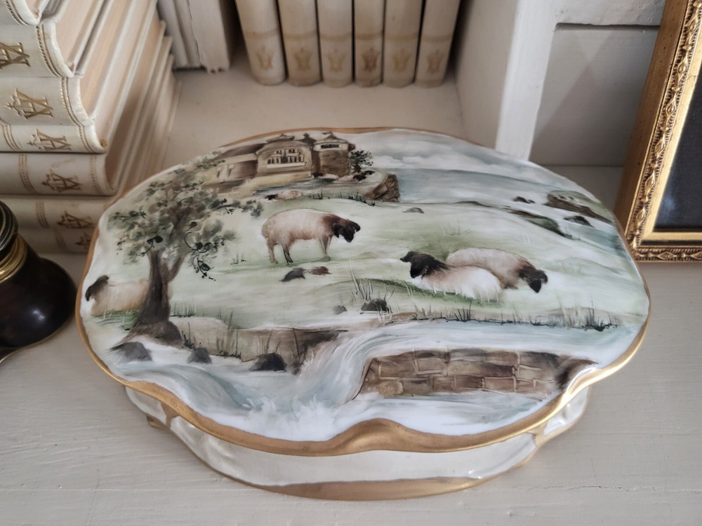 Unique Large Hand-Painted Porcelain Trinket Box with French Scene Lid