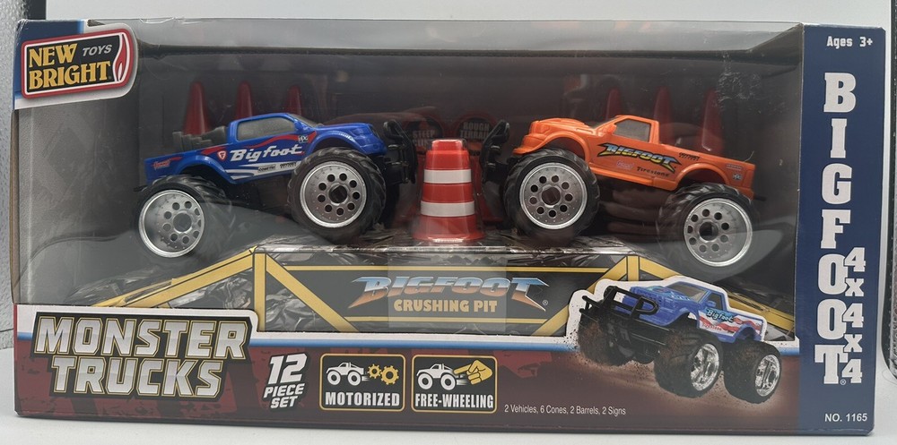 Bigfoot Monster Trucks 2 Pack Blue and Orange New Bright Toys 12 Piece Set