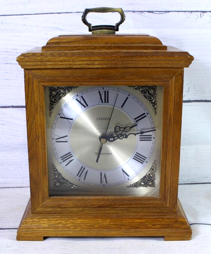 ORIGINAL OAK WOOD FRAMED LINDEN MANTEL CLOCK W/ WESTMINSTER CHIME READ