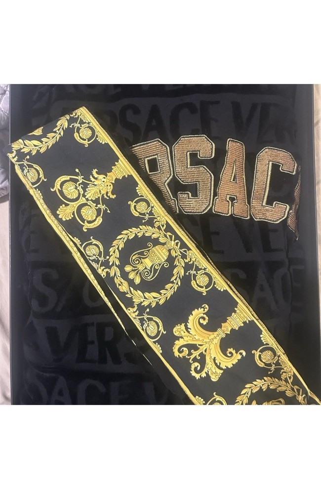 Versace Men's Black Gold Belted Robe Graphic Print Logo Accent Designer