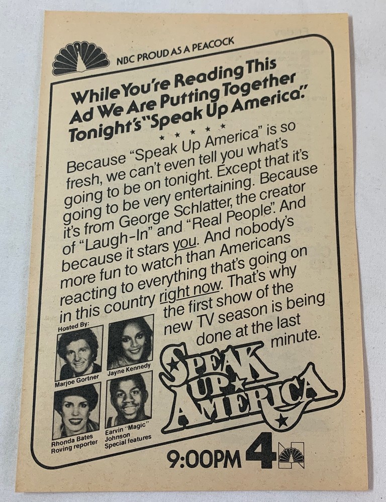 1980 NBC Speak Up America ad feat Marjoe Gortner Jayne Kennedy Magic Johnson