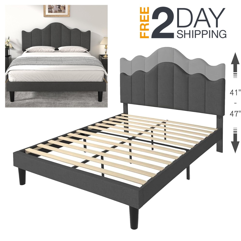 Gray Queen Size Wooden Upholstered Platform Bed Frame With Headboard Clearance