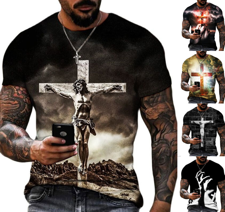 Jesus Christ On Cross Design Mens Graphic T-Shirt Short Sleeve Tee Top O Neck