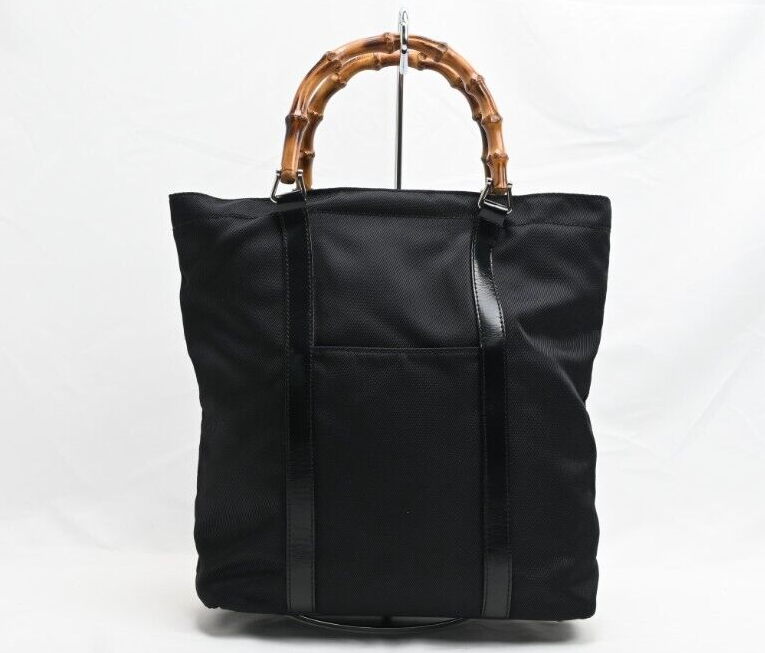 GUCCI Bamboo Tote Bag handbag Black Silver Hardware canvas/leather