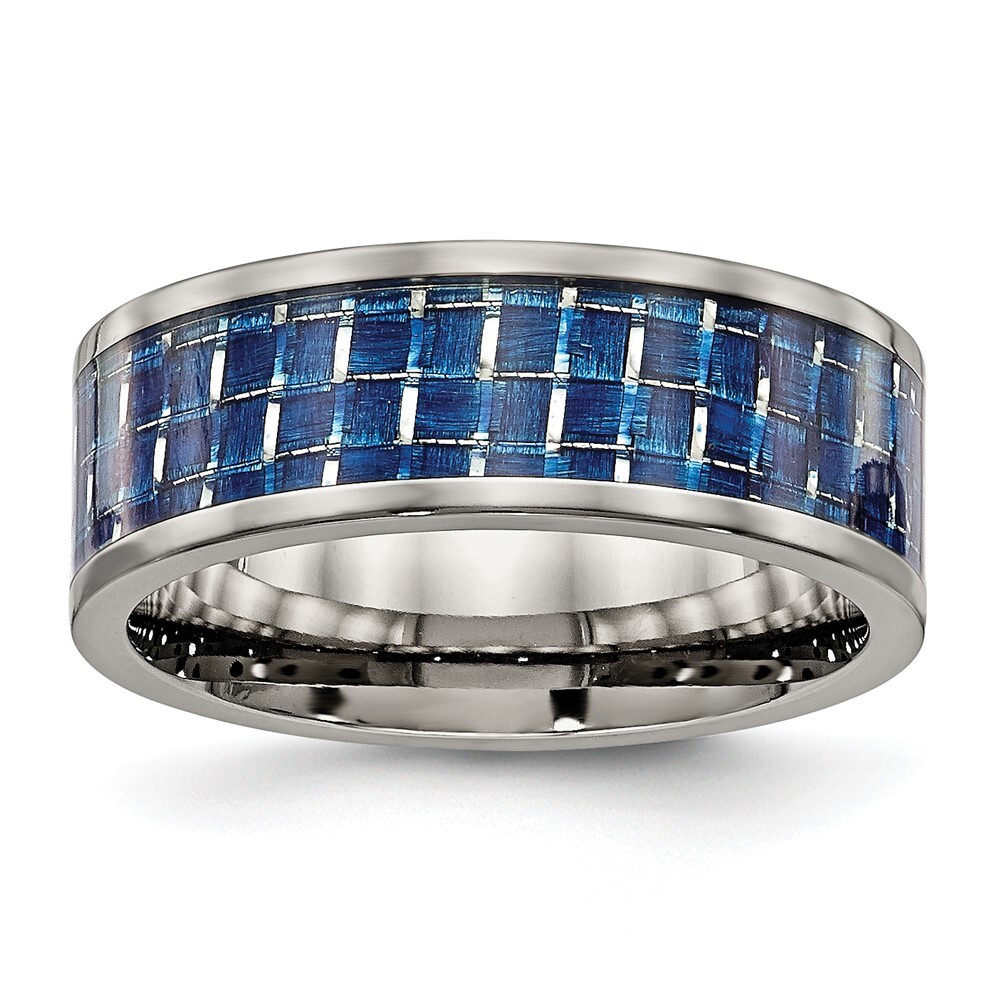 Titanium Polished with Blue Carbon Fiber Inlay 8mm Flat Band Ring Size 11