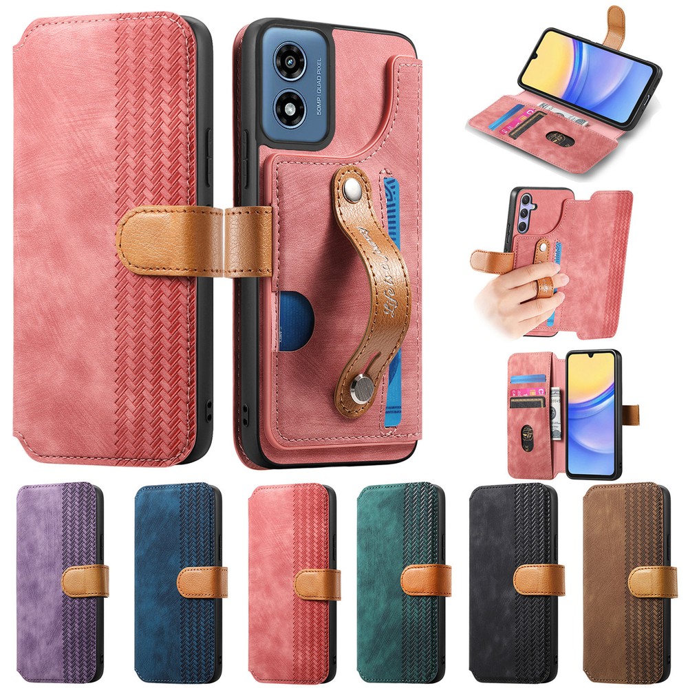 For Moto G Play 4G 2024 Luxury Leather Wallet Card Holder Case with Wrist Strap