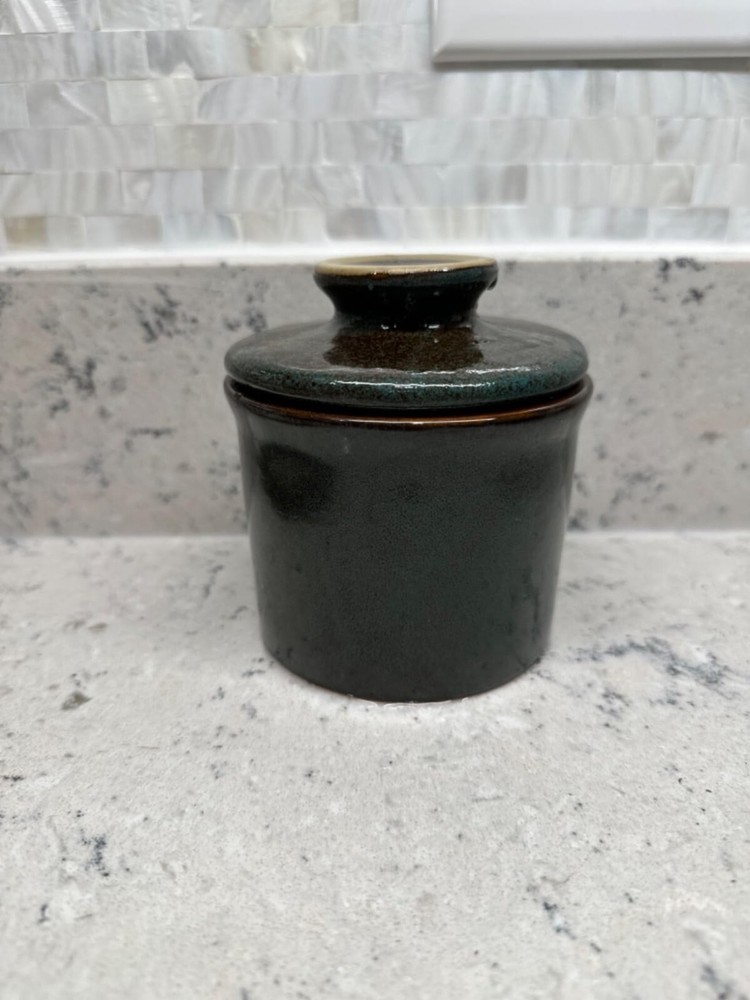 Pottery Butter Keeper Crock Ceramic Dish with Water Line for Countertop Blue New
