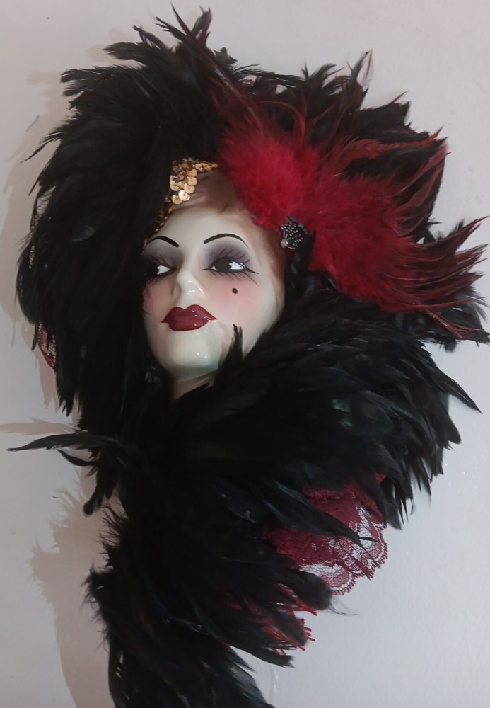 Ceramic Elegant Lady's Face Wall Art Hanging Mask Feathers Brocade Hat Collar