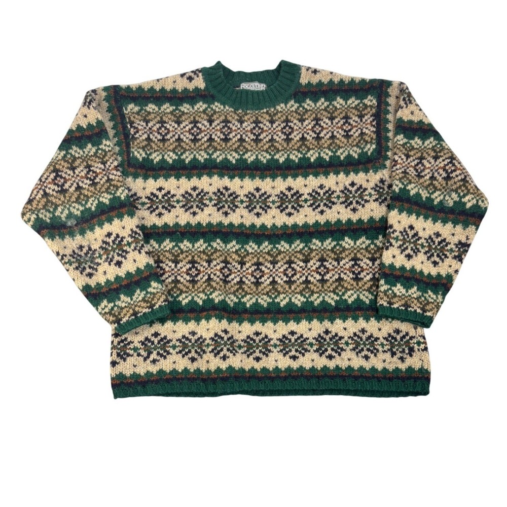 Vintage 80s FogCutter Mens Fair Isle Sweater XL Green Wool Nordic Pattern
