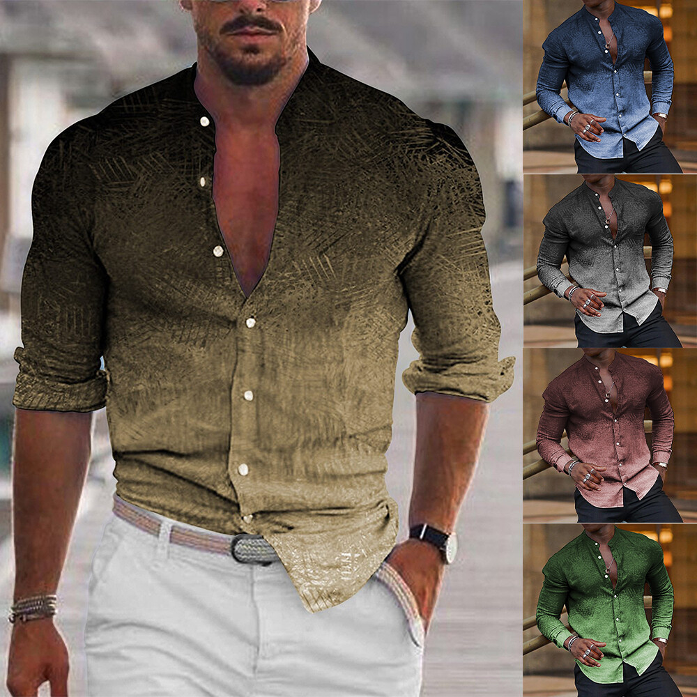 Gradient Color Men's Casual Long Sleeve Stand Collar Shirt Slim Muscle Tee Shirt