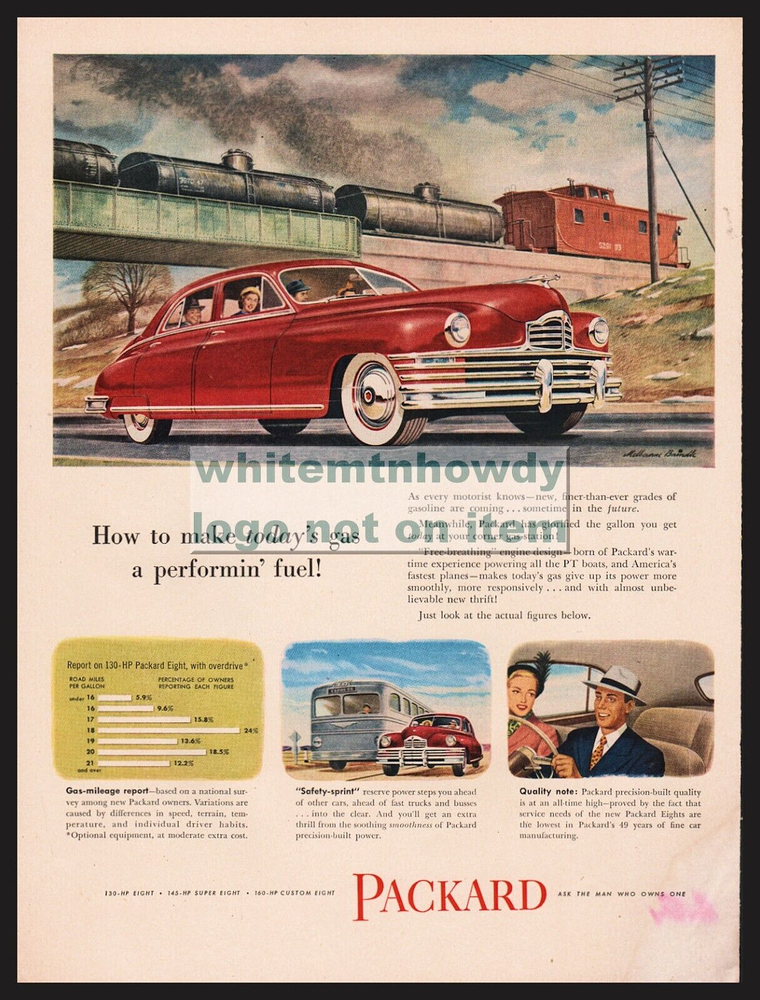 1949 PACKARD Clipper 4-door Sedan Freight Train Melbourne Brindle Art 40s Car AD
