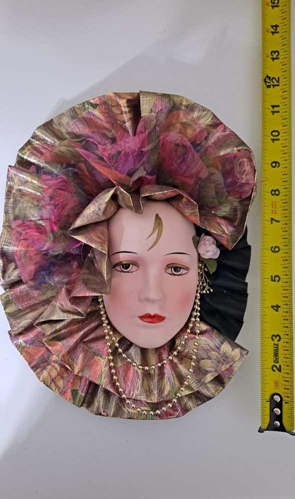 Vintage Art Nouveau Clay Mask Face Purple Brocade Woman  Lady Mask Wall Hanging
