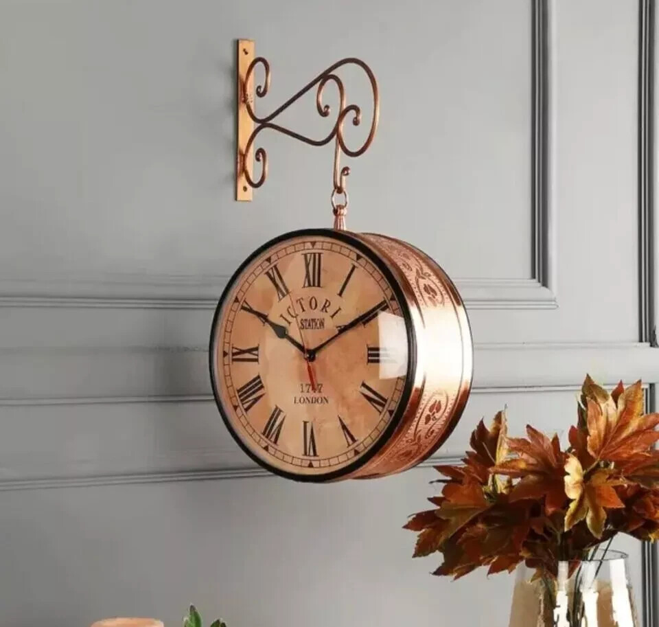 Vintage Bronze Railway Station Wall Clock – Double-Sided Hanging Victoria Style