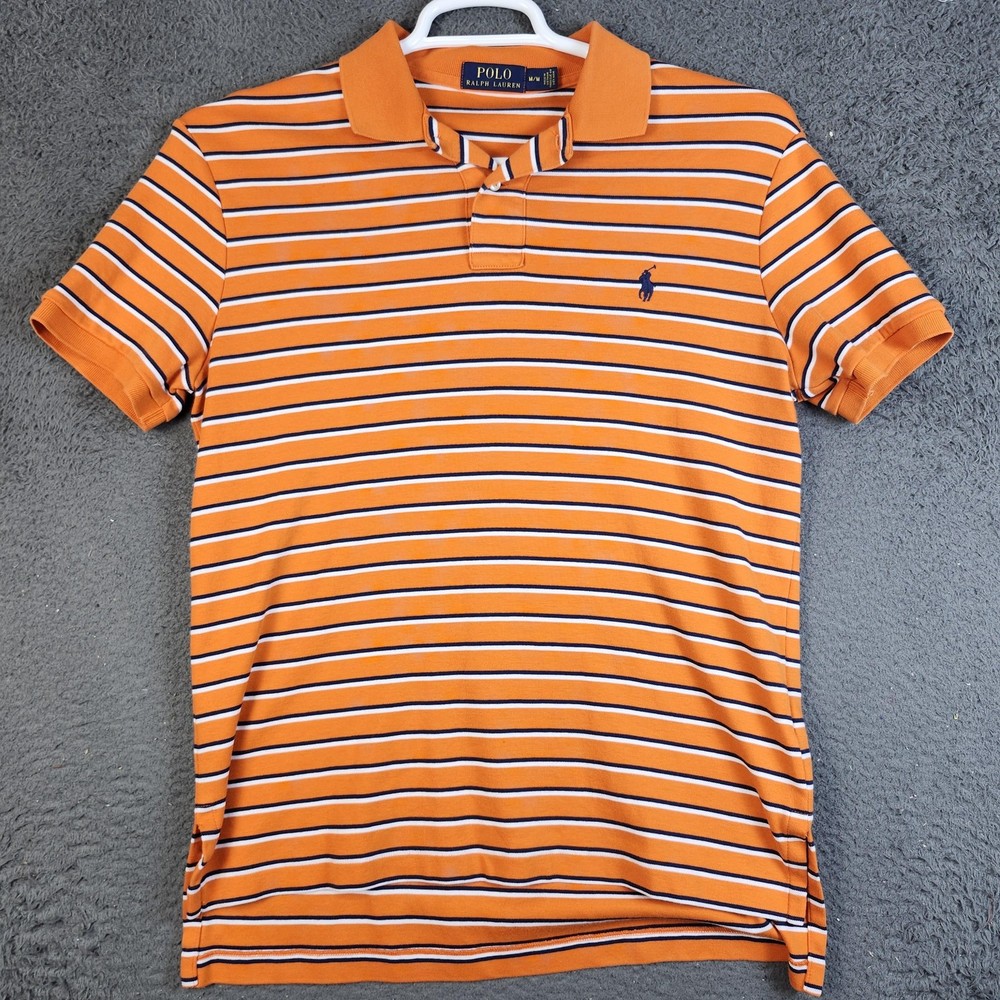 Polo Ralph Lauren Polo Shirt Mens Medium Orange White Navy Striped Pony