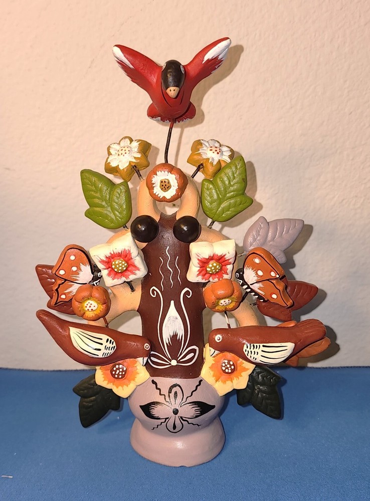 Mexican Folk Art Tree of Life Clay Sculpture, Red Birds, Mexico, 8