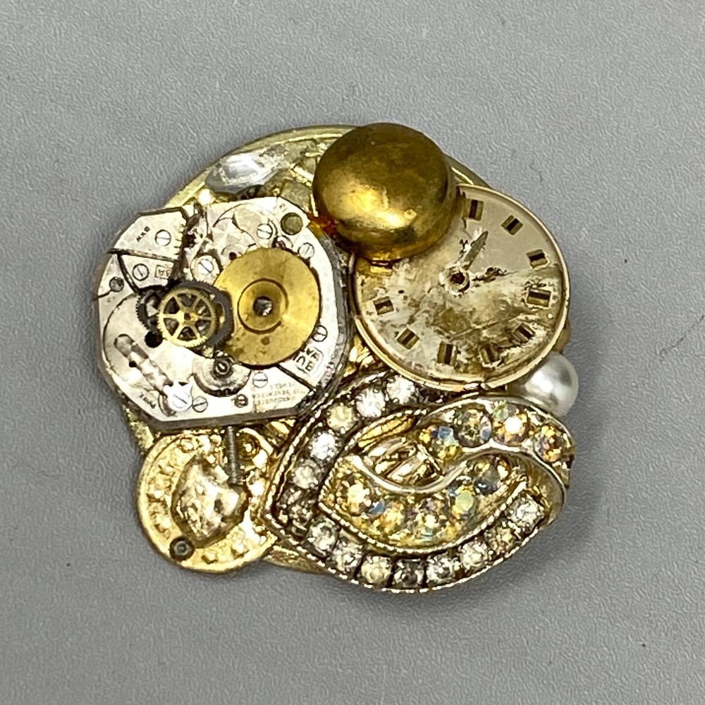 Vintage Steampunk Pin Brooch Watch Parts AB Rhinestones Gold Silver Tone 1.75