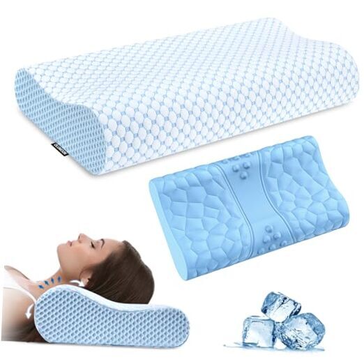 Almohada para el cuello Almohadas de espuma viscoelástica - Almohada de apoyo para el cuello de enfriamiento para el dolor azul