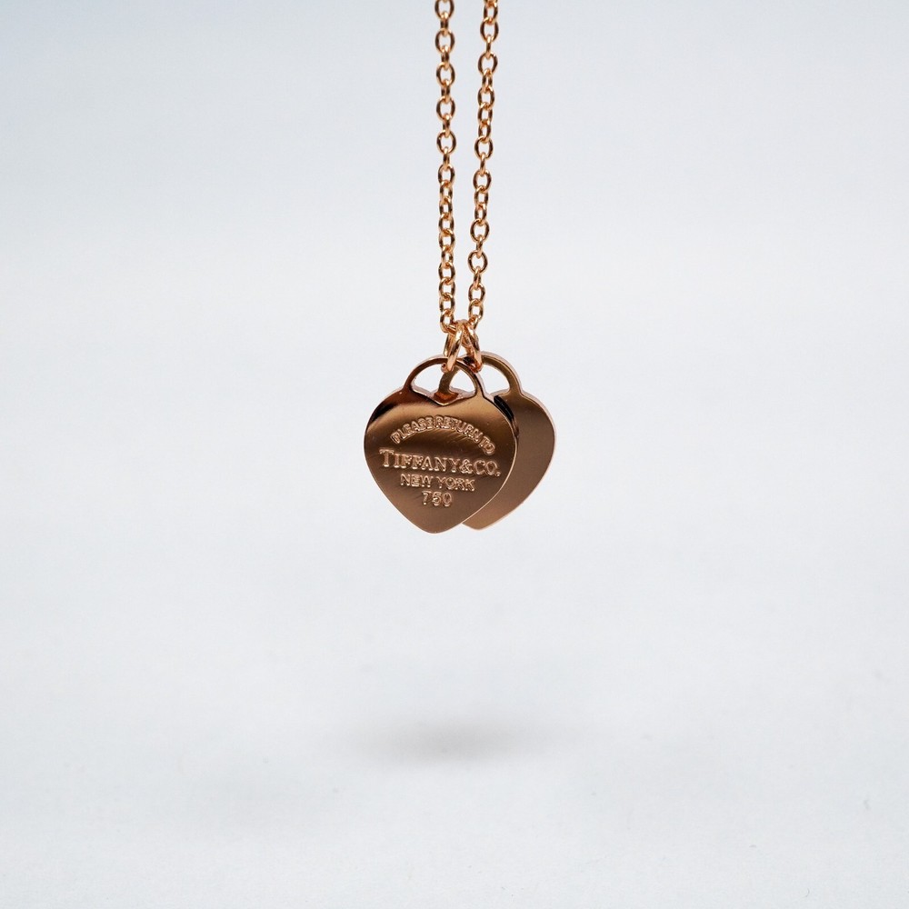 Tiffany & Co. Rose Gold Blue Mini Double Hearts Pendant Necklace 48cm Gift Box