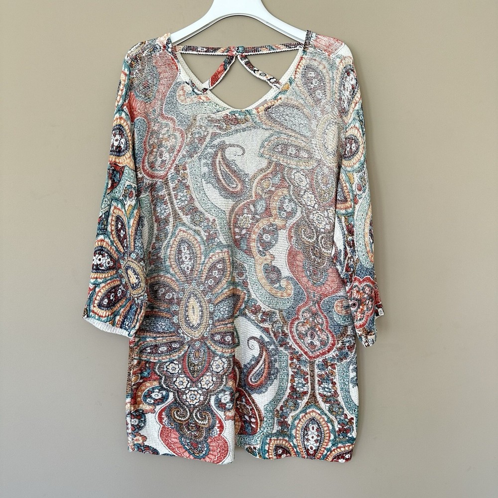 Chicos XL Paisley Sweater Cross Back Long Tunic Length Colorful 3/4 Sleeve