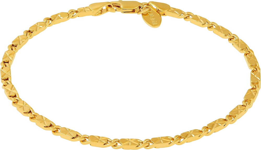 Women's 24k Gold Diamond-Cut Star Link Anklet 4mm Flat Chain Bracelet