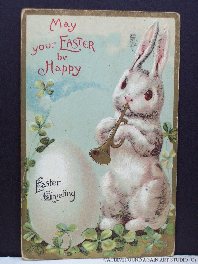 Easter Greeting Postcard Bunny Rabbit Plays Trumpet Big Egg 4 Leaf Clover 1911