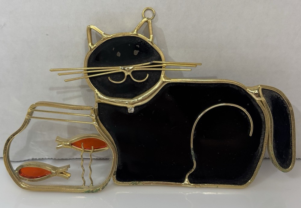 Stained Glass Cat Art with Goldfish Bowl Sun Catcher Decor