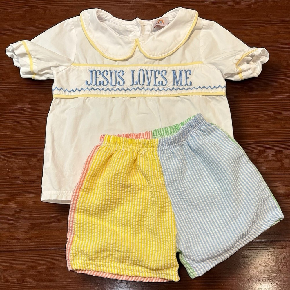 Abby & Evie 3T Jesus Loves Me Shirt with Rainbow Seersucker Shorts Set-image