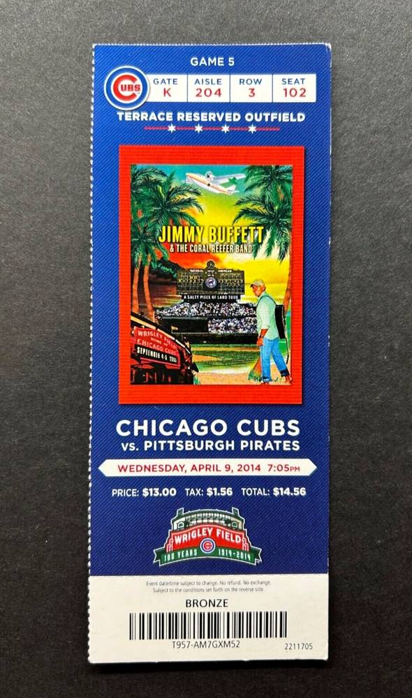 2014 JIMMY BUFFETT / CHICAGO CUBS Concert Ticket Stub WRIGLEY FIELD ILLINOIS IL