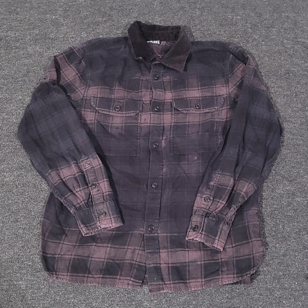 Diesel Flannel Shirt Men Large Plaid Black Long Sleeve Button Up Corduroy Collar