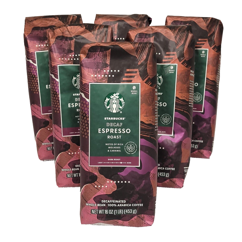 Starbucks Espresso Whole Bean Decaf Dark, Case of Six 1-lb Bags, Best By 12/2024