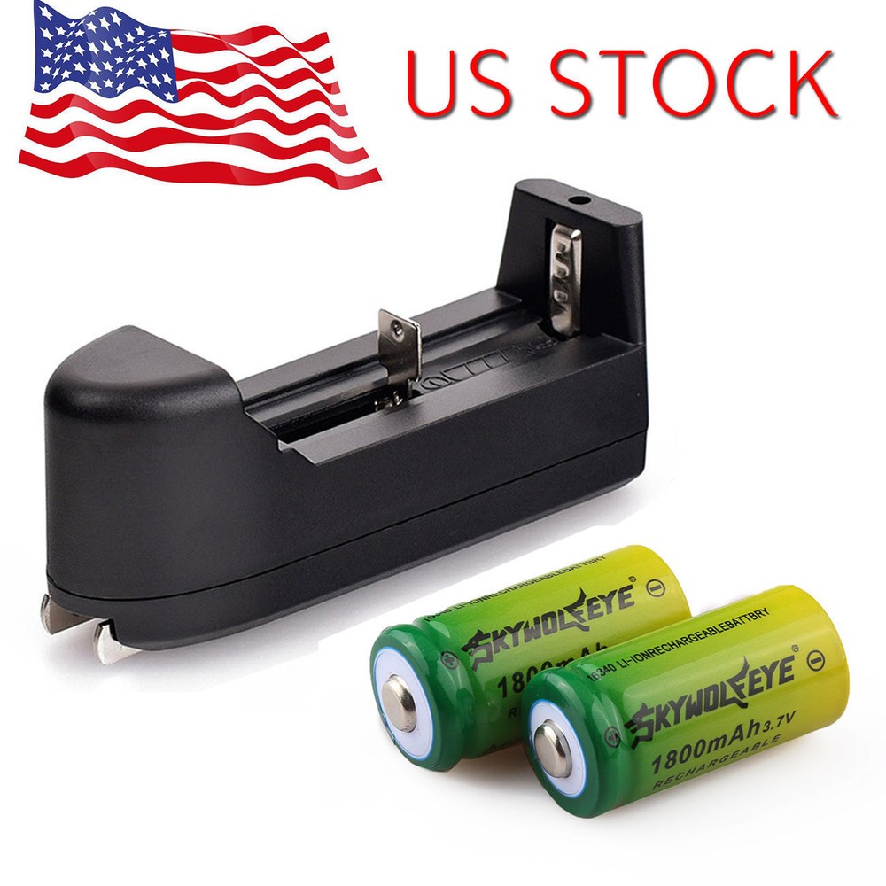 2pcs SKYWOLFEYE 16340 3.7v 1800mAH Rechargeable Battery Cell +USA Charger