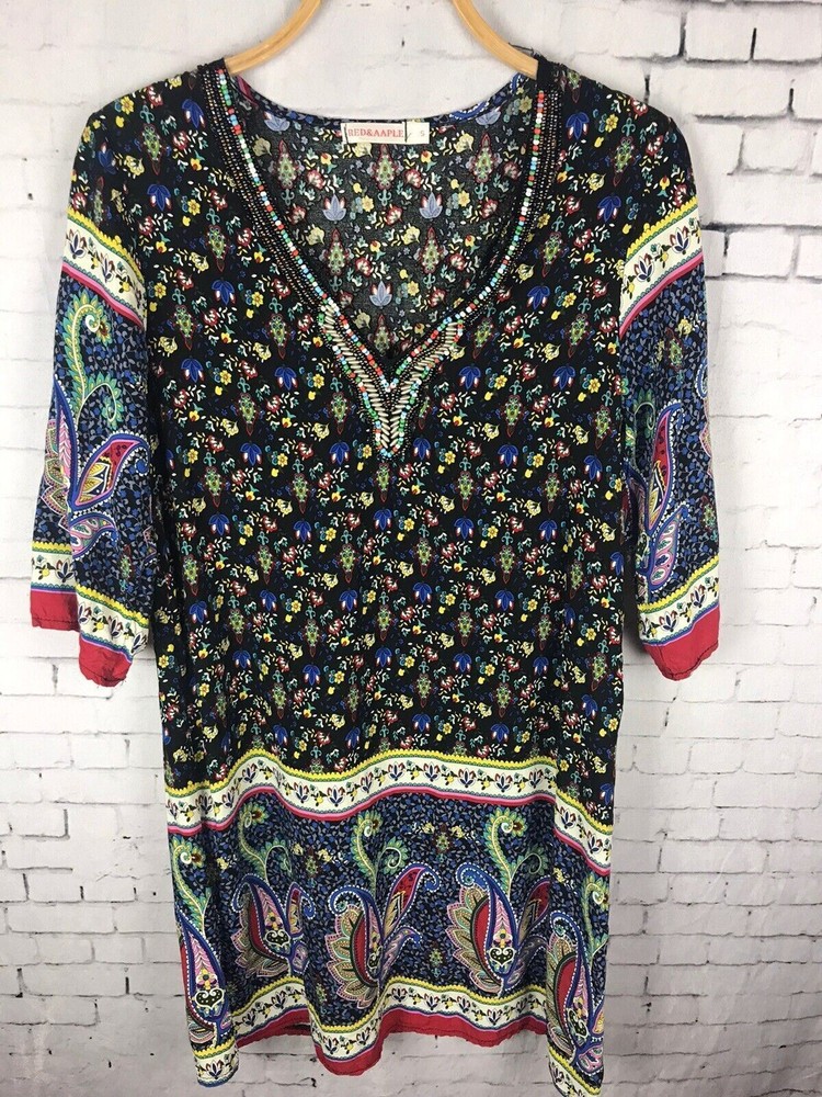 RED&AAPLE  SMALL WOMEN'S TUNIC TOP BEADED NECKLINE BLUE COLORFUL PRINT (C36)-image