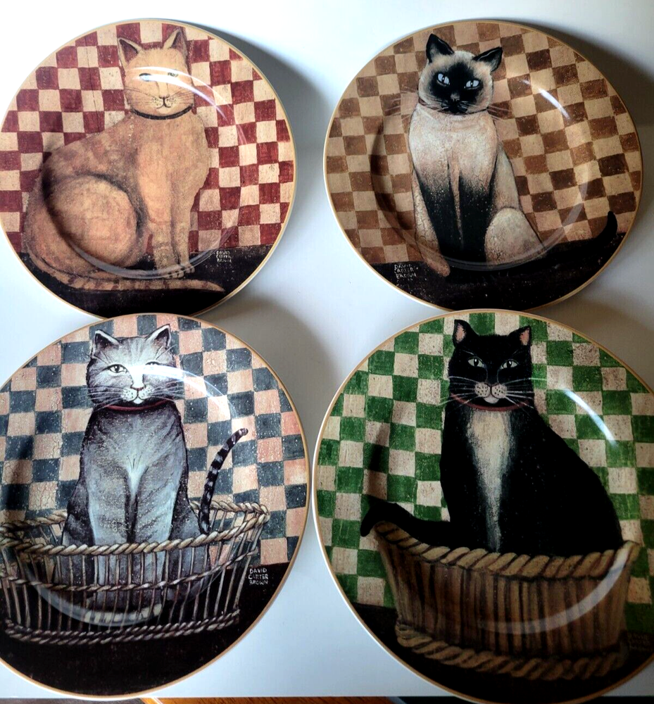 SAKURA David Carter Brown Country Kitties Cats Set of 4 Stoneware Salad Plates