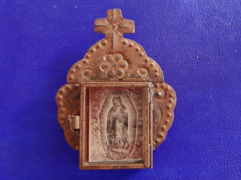 Rustic Mexican Our lady of Guadalupe Virgin tin wall hanging nicho folk art rust