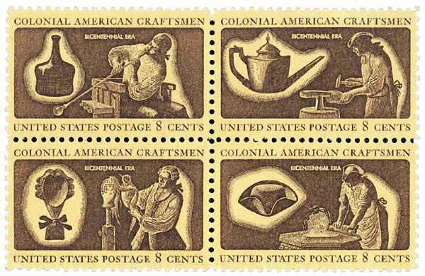 COLONIAL AMERICAN CRAFTSMEN-Block of 4 Collectible Unused 1972 Stamps--FREE SHIP